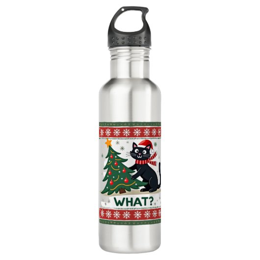 Cat What Funny Black Cat Pushing Christmas Tree Ug Waterfles (Voorkant)