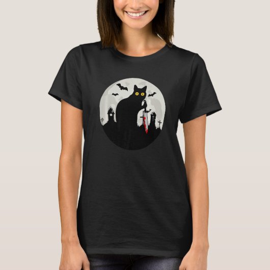Cat What Halloween Black Cat with Knife What Cat T-shirt (Voorkant)
