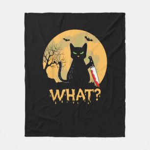 CAT WHAT_ Moorddadige zwarte kat met mes Halloween Fleece Deken