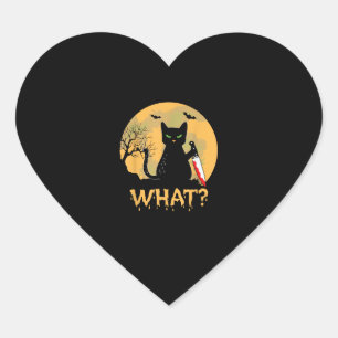 CAT WHAT_ Moorddadige zwarte kat met mes Halloween Hart Sticker