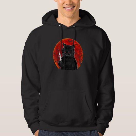 Cat What Murderous Black Cat With Knife Halloween Hoodie (Voorkant)