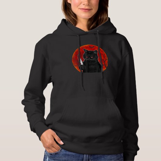 Cat What Murderous Black Cat With Knife Halloween Hoodie (Voorkant)