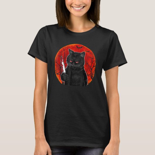 Cat What Murderous Black Cat With Knife Halloween T-shirt (Voorkant)