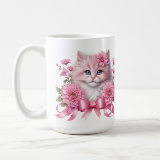Cat White Pink Ribbon Koffiemok (Links)
