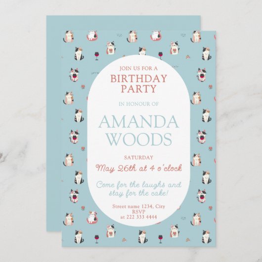 Cat & Wine Party – Leuke verjaardagskunst Kaart (Voorkant / Achterkant)