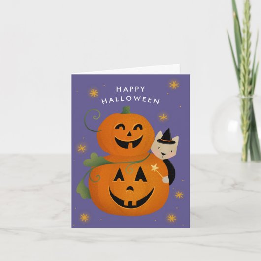 Cat Witch Jack O Lantern Cut Kinder Halloween Feestdagen Kaart (Voorkant)