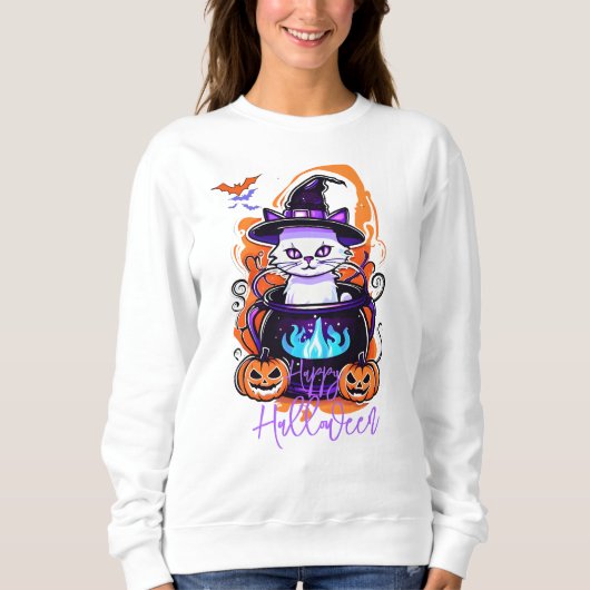 Cat Witch Pumpkin Hoodie, Spooky Halloween Trui (Voorkant)