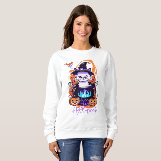 Cat Witch Pumpkin Hoodie, Spooky Halloween Trui (Voorkant volledig)