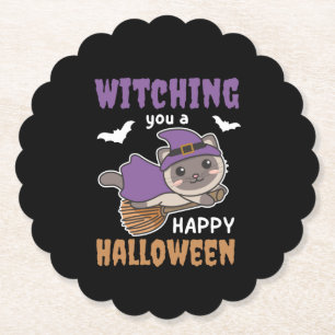 Cat Witch Witches die je een Happy Halloween hecht Kartonnen Onderzetters