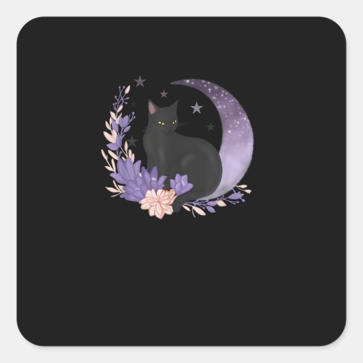 Cat Witchy Moon Flowers Pastel Goth Goblincore Vierkante Sticker (Voorkant)