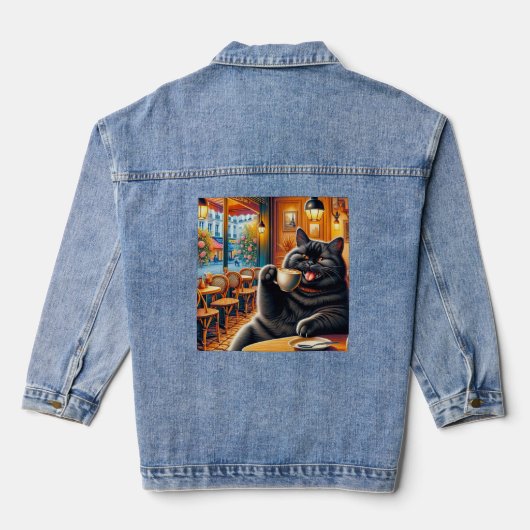Cat with a coffee cup in Cafe Denim Jacket (Achterkant)