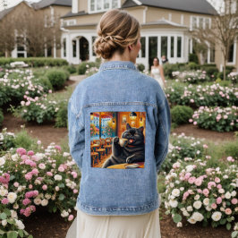 Cat with a coffee cup in Cafe Denim Jacket