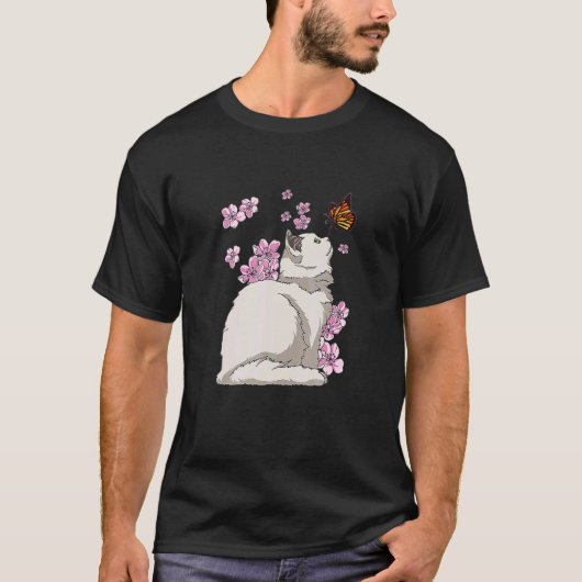 Cat With Butterfly Japanese Sakura Cherry Blossom T-shirt (Voorkant)