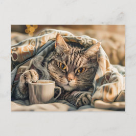 Cat with coffee and book in cozy blanket feestdagenkaart