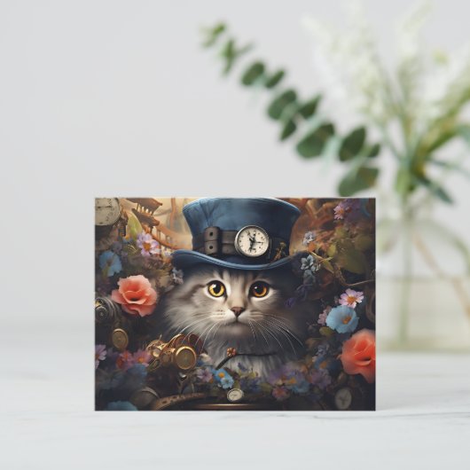 cat with Cylinder and flowers in steam Punk Style Briefkaart (Staand voorkant)