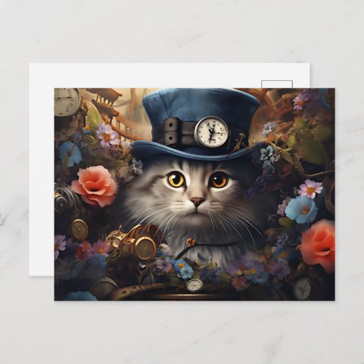 cat with Cylinder and flowers in steam Punk Style Briefkaart (Voorkant / Achterkant)