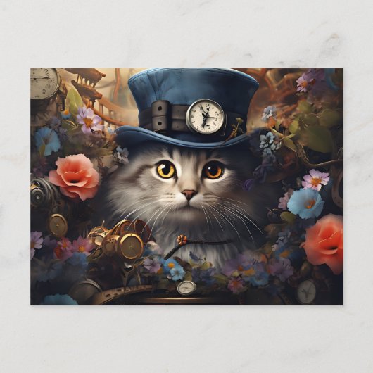 cat with Cylinder and flowers in steam Punk Style Briefkaart (Voorkant)