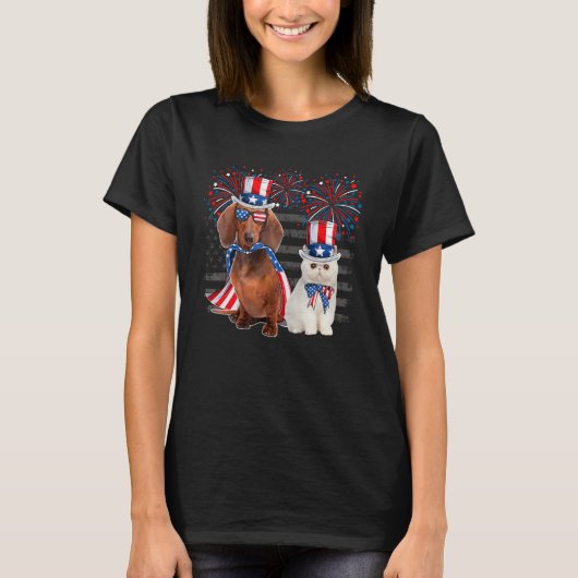 Cat With Dachshund Sunglasses American Flag 4th Of T-shirt (Voorkant)