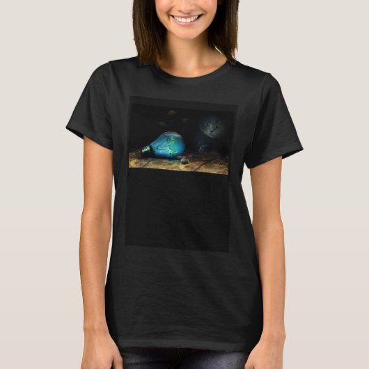Cat with Fish Aquarium in a Light Bulb and Snail T-shirt (Voorkant)
