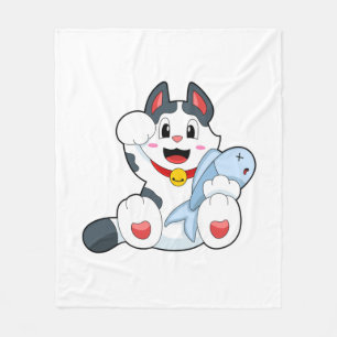 Cat with Fish Fleece Deken