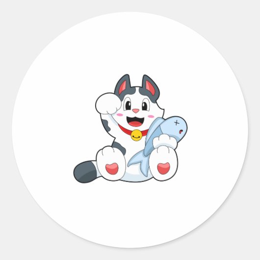 Cat with Fish Ronde Sticker (Voorkant)