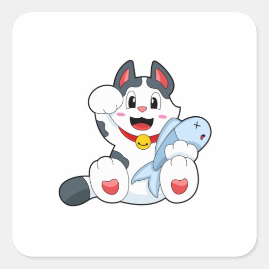 Cat with Fish Vierkante Sticker (Voorkant)