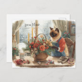 Cat with Flowers  Winter Christmas Collection Feestdagenkaart (Voorkant / Achterkant)