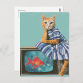 Cat With Goldfish on TV Retro Collage Briefkaart (Voorkant / Achterkant)