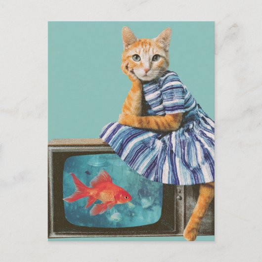 Cat With Goldfish on TV Retro Collage Briefkaart (Voorkant)