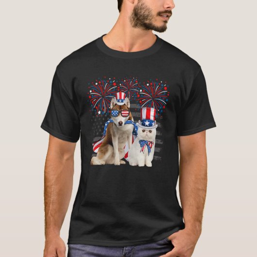 Cat With Husky Sunglasses American Flag 4th Of Jul T-shirt (Voorkant)