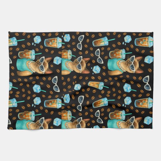 Cat with Ice Coffee for Siamese Cat Lovers Theedoek (Horizontaal)