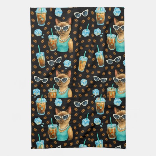 Cat with Ice Coffee for Siamese Cat Lovers Theedoek (Verticaal)