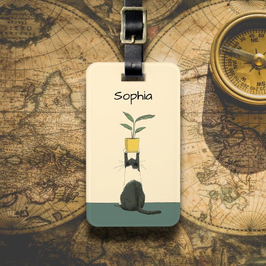 Cat with Plant Bagagelabel