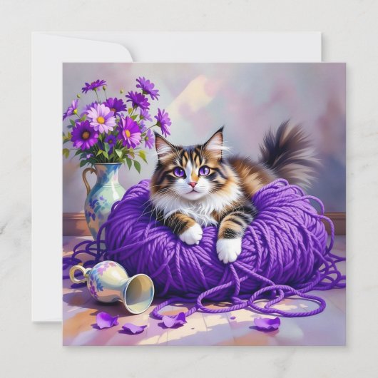 Cat with Purple Eyes in Purple Yarn and Flowers (Voorkant)