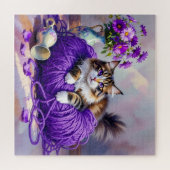Cat with Purple Eyes in Purple Yarn and Flowers Legpuzzel (Horizontaal)