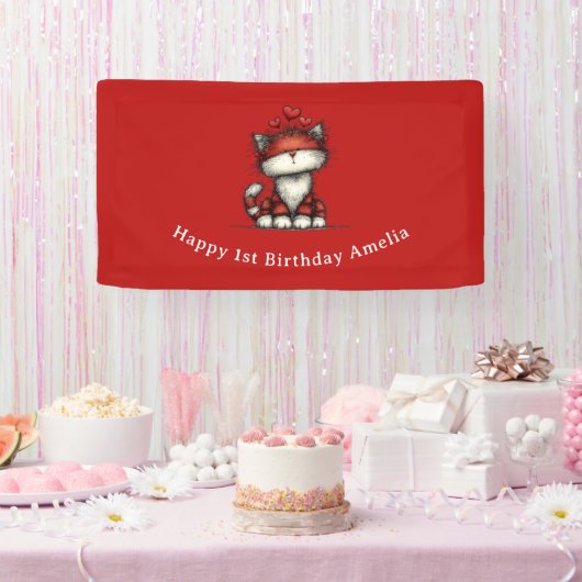Cat with Red Love Hearts Cute and Fun Birthday Spandoek (Feest)
