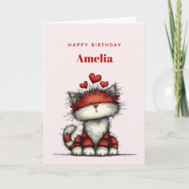 Cat with Red Love Hearts Cute and Funny Birthday Kaart
