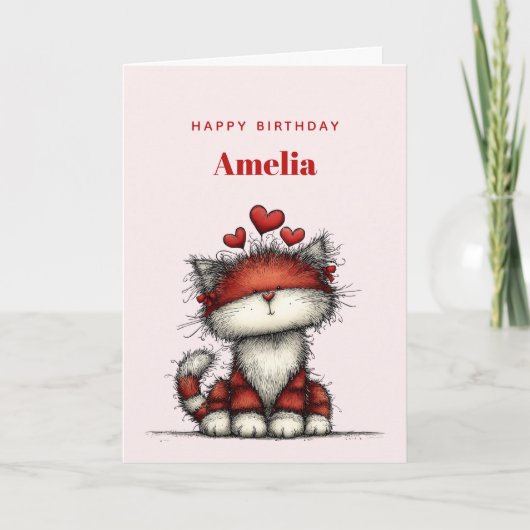 Cat with Red Love Hearts Cute and Funny Birthday Kaart (Voorkant)