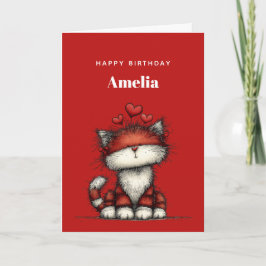 Cat with Red Love Hearts Cute and Funny Birthday Kaart