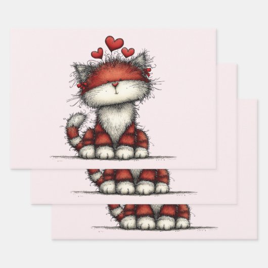 Cat with Red Love Hearts Cute and Funny Inpakpapier Vel (Set)