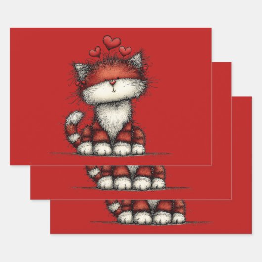 Cat with Red Love Hearts Cute and Funny Inpakpapier Vel (Set)