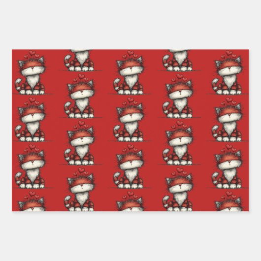 Cat with Red Love Hearts Cute and Funny Pattern Inpakpapier Vel (Voorkant)