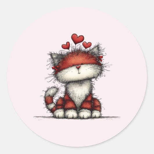Cat with Red Love Hearts Cute and Funny Ronde Sticker (Voorkant)