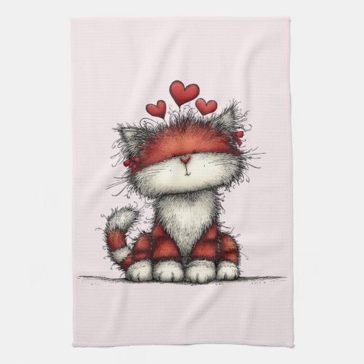 Cat with Red Love Hearts Cute and Funny Theedoek (Verticaal)
