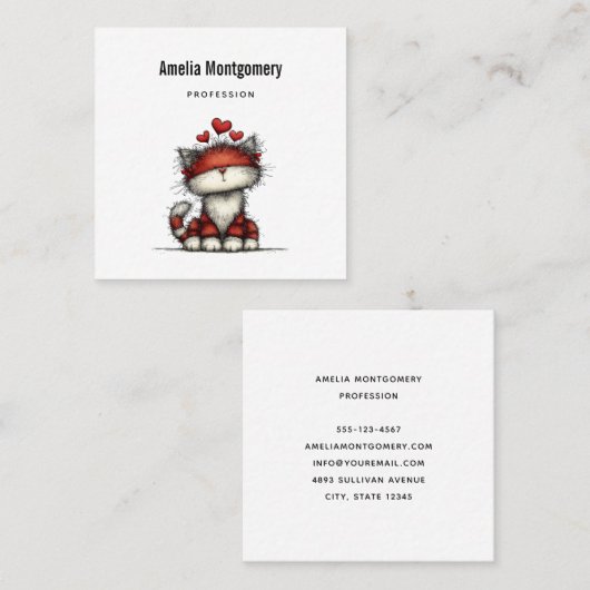 Cat with Red Love Hearts Cute and Funny Vierkante Visitekaartje (Voorkant / Achterkant)