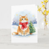 Cat with Red Scarf and Christmas Tree Watercolor Kaart (Gele Bloem)