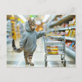 Cat with shopping basket in supermarket aisle feestdagenkaart