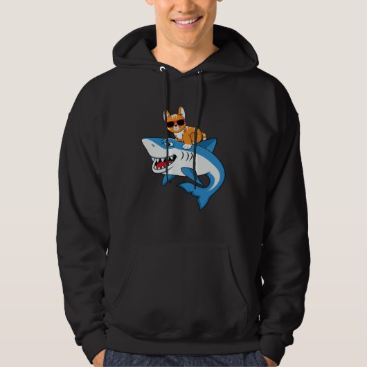 Cat With Sunglasses Riding Shark  Cat Tee Cat Grap Hoodie (Voorkant)