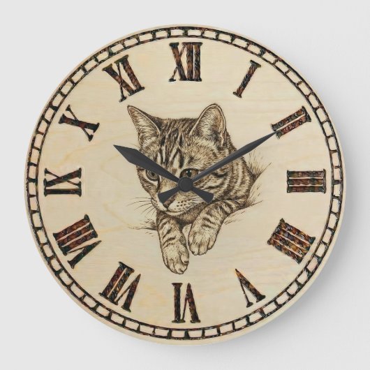 Cat wooden Wall Clock Grote Klok (Voorkant)