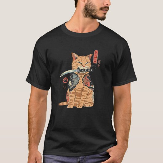 Cat Yakuza Cat Samurai Cat Tattoo Style Japan Anim T-shirt (Voorkant)